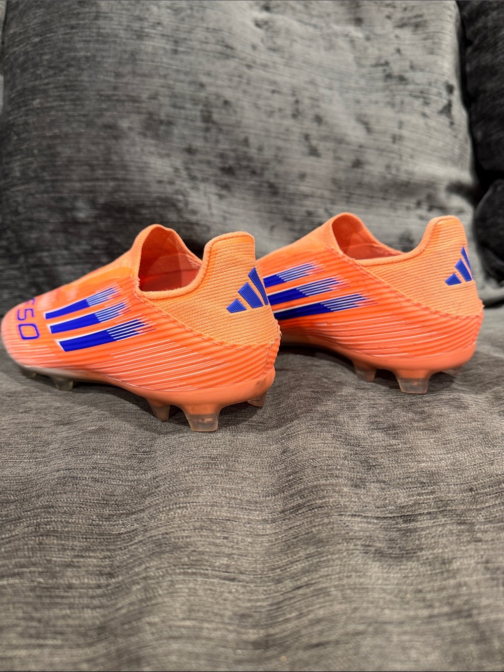 adidas Laceless Soccer Cleats in Neon Orange with Blue Accents - Picture 3 of 6